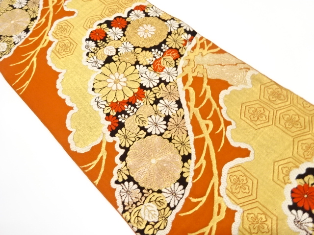 JAPANESE KIMONO / ANTIQUE FUKURO OBI / SILK / WOVEN KIKU & PAULOWNIA